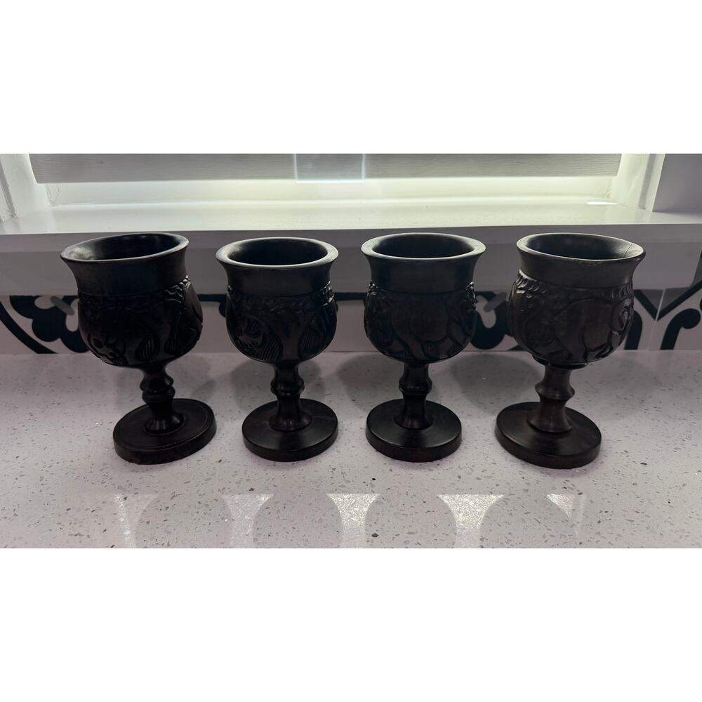 Vintage Wooden Goblets Africa Elephant Hand Carved & Turned Vintage Set of 4